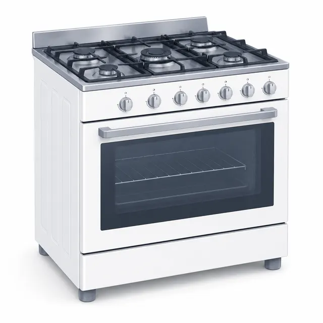 Fogão de piso branco com mesa em aço inox